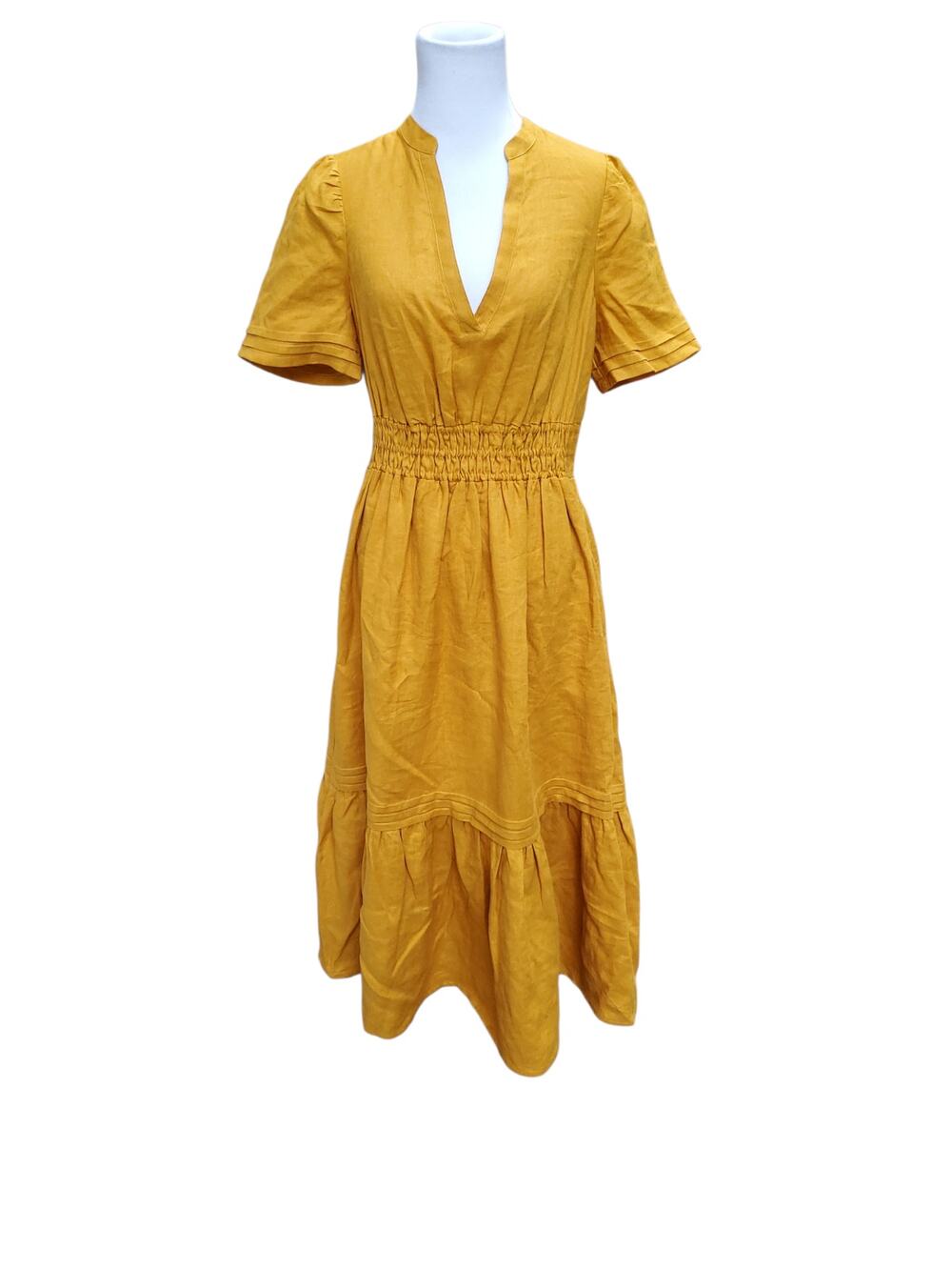 Boden Pintuck Midi Dress Prairie Cottage Linen Smocked Pockets Harvest Gold 6R